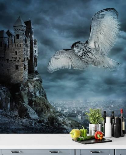 Owl Flying Around Ancient Castle Wall Mural