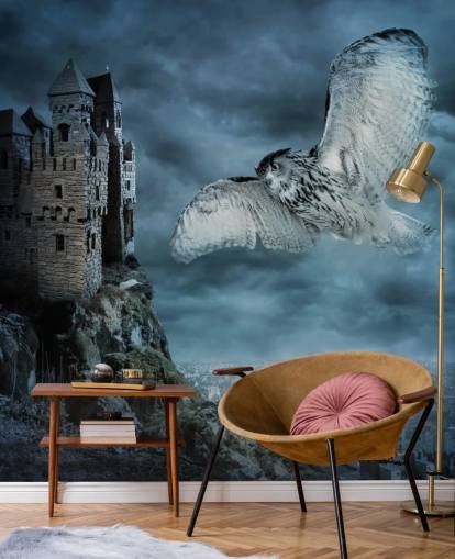 Owl Flying Around Ancient Castle Wall Mural