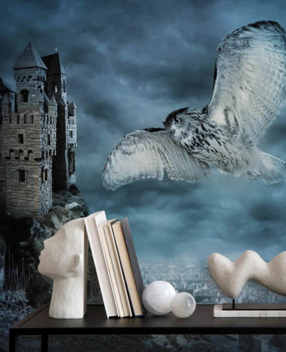 Owl Flying Around Ancient Castle Wall Mural