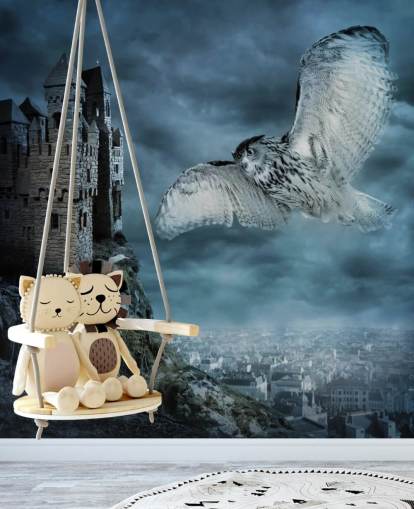 Owl Flying Around Ancient Castle Wall Mural Owl Flying Around Ancient Castle Wall Mural