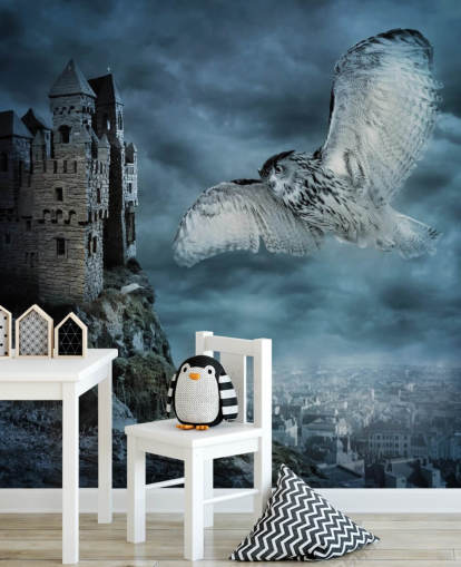 Owl Flying Around Ancient Castle Wall Mural