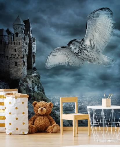 Owl Flying Around Ancient Castle Wall Mural