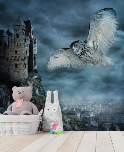 Owl Flying Around Ancient Castle Wall Mural