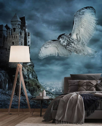 Owl Flying Around Ancient Castle Wall Mural