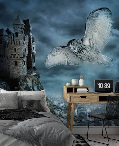 Owl Flying Around Ancient Castle Wall Mural