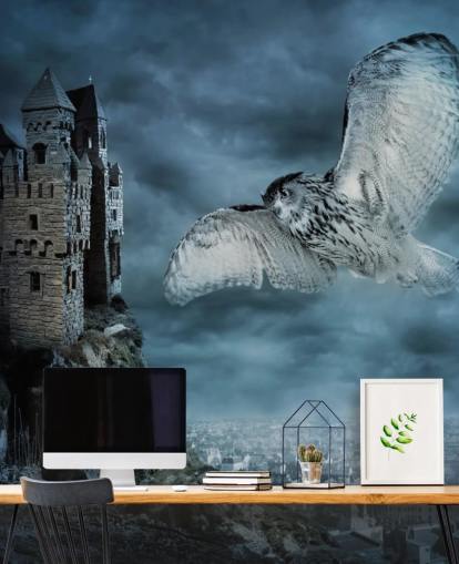 Ugle Flyr Rundt Gamle Castle Veggmaleri Ugle Flyr Rundt Gamle Castle Veggmaleri