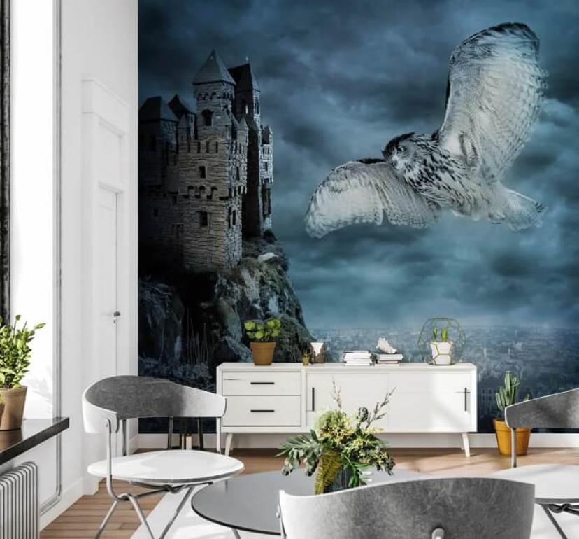 Owl Flying Around Ancient Castle Wall Mural