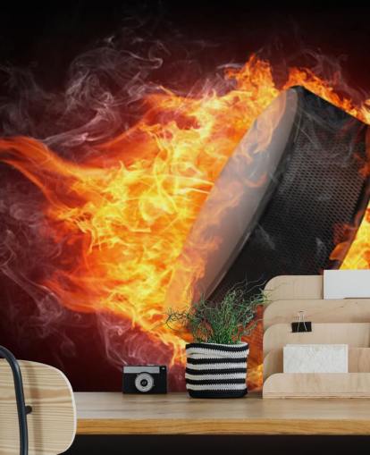 mural de parede de hóquei preto e vermelho chamado Hockey Puck on Fire mural de parede de hóquei preto e vermelho chamado Hockey Puck on Fire