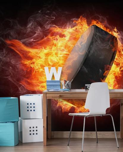 musta ja punainen jääkiekkoseinämaalaus nimeltä Hockey Puck on Fire