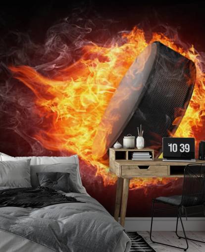 murale de hockey noire et rouge intitulée Hockey Puck on Fire