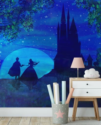 papel pintado de ensueño de castillo azul, princesa y príncipe