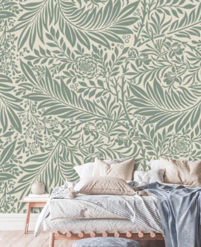 Larkspur-patroonbehang in olijfgroen van William Morris Larkspur-patroonbehang in olijfgroen van William Morris