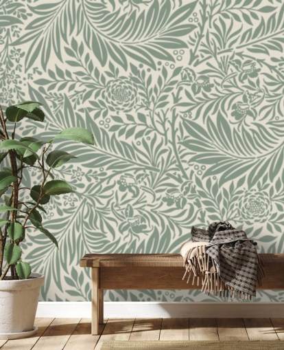 Papel pintado con estampado de larkspur en verde oliva de William Morris