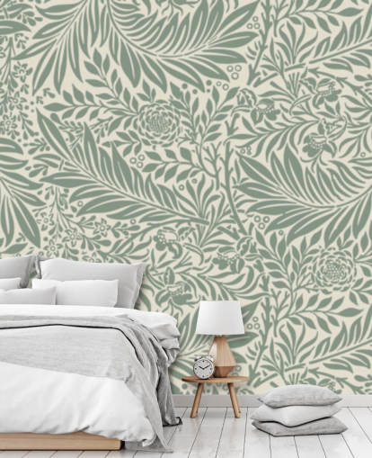 Larkspur-patroonbehang in olijfgroen van William Morris