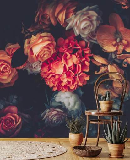 Vintage Flowers on Dark Background Wallpaper