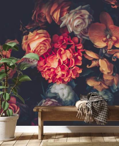 Vintage Flowers on Dark Background Wallpaper