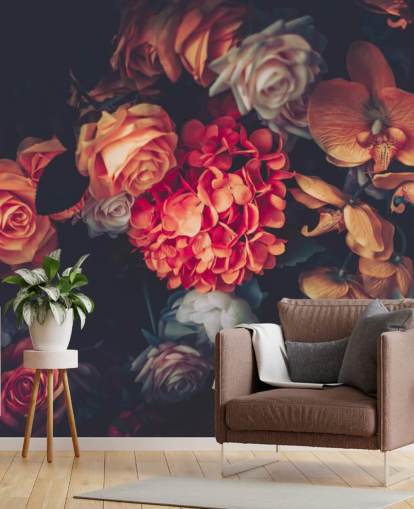 Vintage bloemen op donkere achtergrond behang