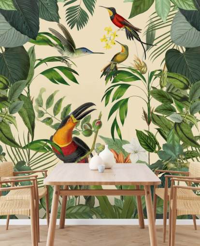 Decorazione murale con uccelli tropicali nella giungla di Andrea Haase Decorazione murale con uccelli tropicali nella giungla di Andrea Haase