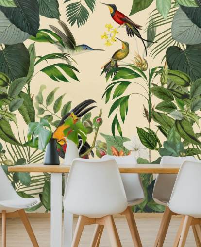Tropische vogels in een jungle muurschildering van Andrea Haase