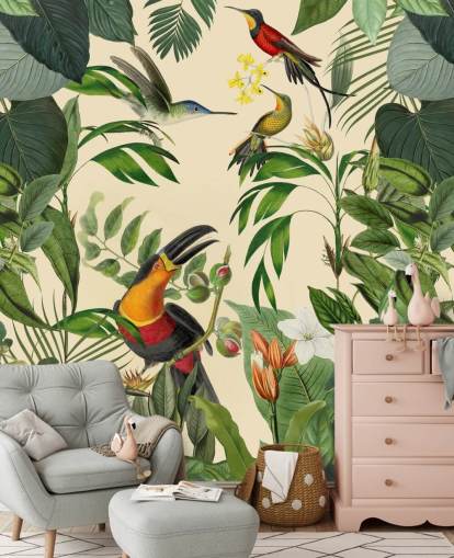 Pássaros tropicais em um mural da selva por Andrea Haase