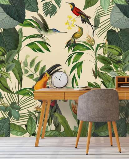 Decorazione murale con uccelli tropicali nella giungla di Andrea Haase Decorazione murale con uccelli tropicali nella giungla di Andrea Haase