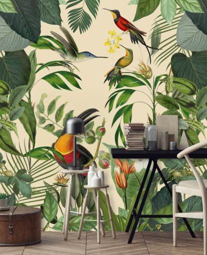 Pássaros tropicais em um mural da selva por Andrea Haase
