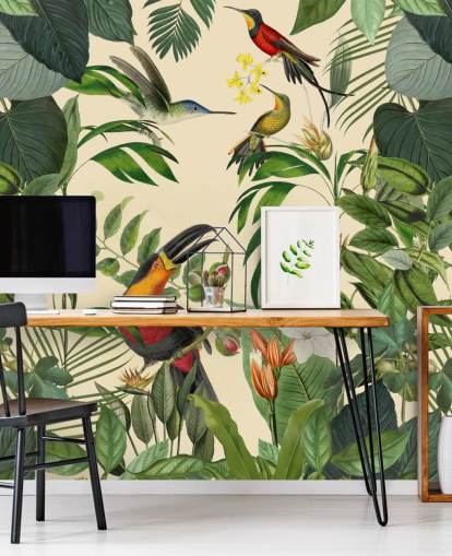 Decorazione murale con uccelli tropicali nella giungla di Andrea Haase Decorazione murale con uccelli tropicali nella giungla di Andrea Haase