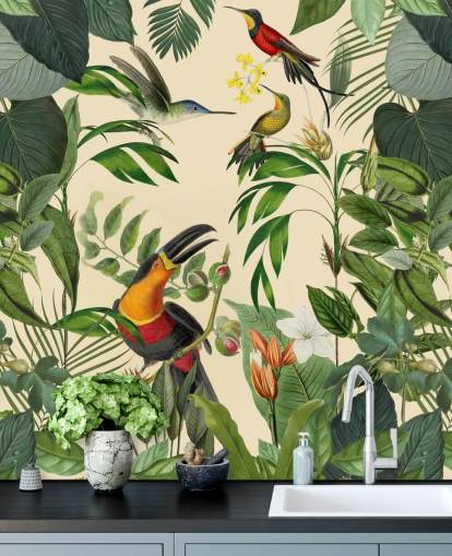 Tropische vogels in een jungle muurschildering van Andrea Haase