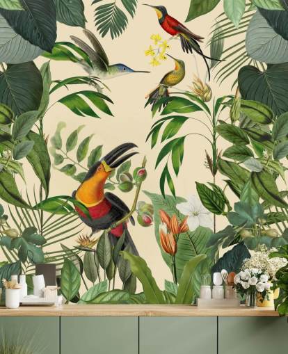 Tropische vogels in een jungle muurschildering van Andrea Haase