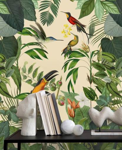 Decorazione murale con uccelli tropicali nella giungla di Andrea Haase