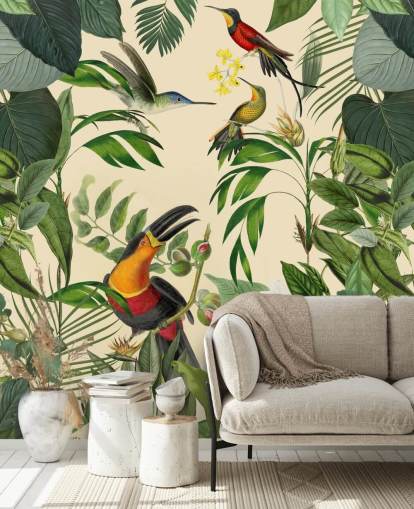 Pássaros tropicais em um mural da selva por Andrea Haase Pássaros tropicais em um mural da selva por Andrea Haase