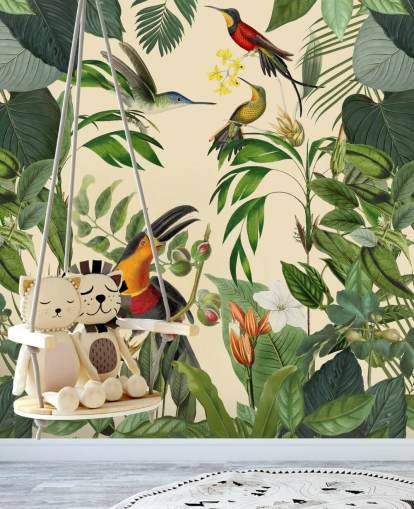 Pássaros tropicais em um mural da selva por Andrea Haase