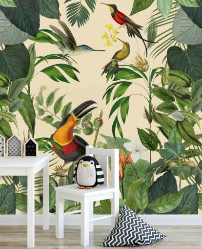 Pássaros tropicais em um mural da selva por Andrea Haase