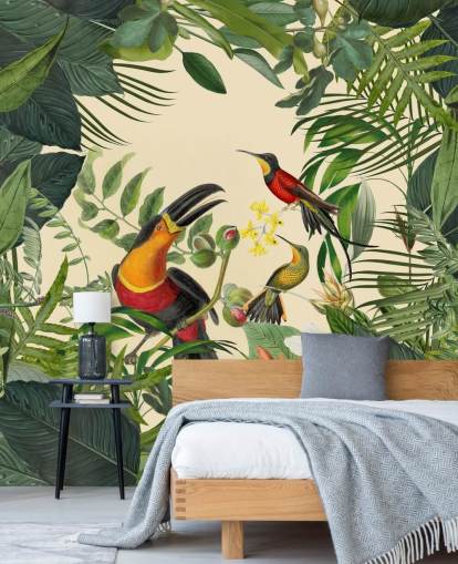 green and beige jungle wallpaper mural called Toucans in the Jungle by Andrea Haase green and beige jungle wallpaper mural called Toucans in the Jungle by Andrea Haase