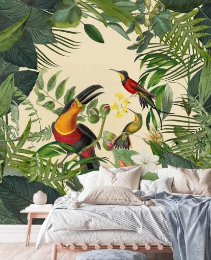 grøn og beige jungle tapet vægmaleri kaldet Toucans in the Jungle af Andrea Haase grøn og beige jungle tapet vægmaleri kaldet Toucans in the Jungle af Andrea Haase