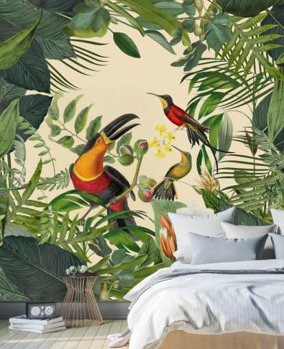 mural verde y beige de la jungla llamado Tucanes en la jungla de Andrea Haase