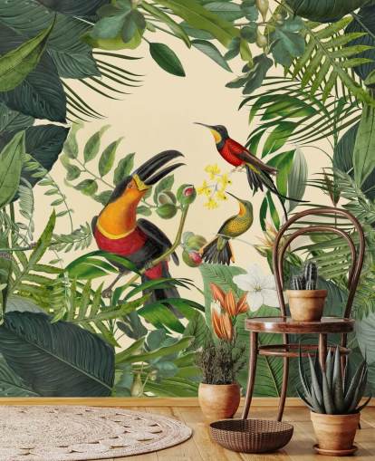 papier peint mural vert et beige de la jungle intitulé Toucans in the Jungle par Andrea Haase papier peint mural vert et beige de la jungle intitulé Toucans in the Jungle par Andrea Haase