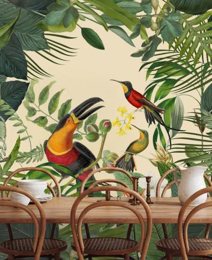 grøn og beige jungle tapet vægmaleri kaldet Toucans in the Jungle af Andrea Haase grøn og beige jungle tapet vægmaleri kaldet Toucans in the Jungle af Andrea Haase