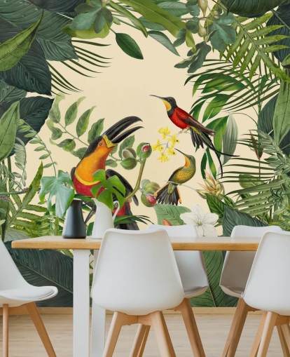 green and beige jungle wallpaper mural called Toucans in the Jungle by Andrea Haase green and beige jungle wallpaper mural called Toucans in the Jungle by Andrea Haase