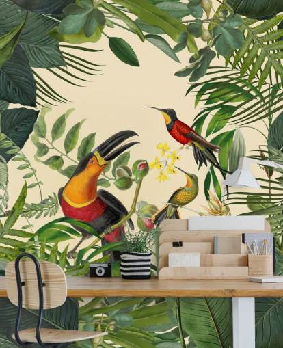 green and beige jungle wallpaper mural called Toucans in the Jungle by Andrea Haase