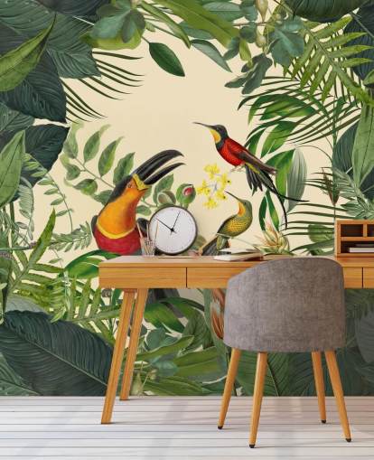 mural verde y beige de la jungla llamado Tucanes en la jungla de Andrea Haase