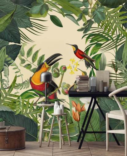 green and beige jungle wallpaper mural called Toucans in the Jungle by Andrea Haase green and beige jungle wallpaper mural called Toucans in the Jungle by Andrea Haase