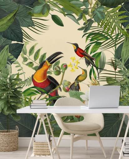 grøn og beige jungle tapet vægmaleri kaldet Toucans in the Jungle af Andrea Haase