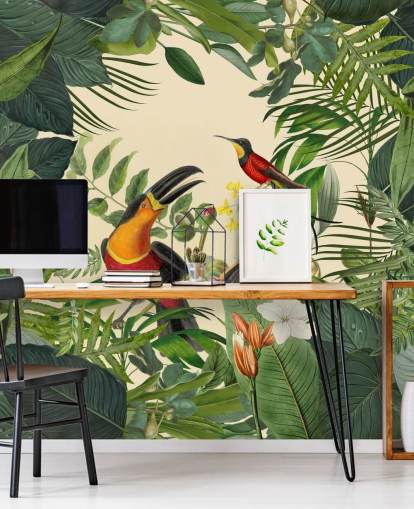 green and beige jungle wallpaper mural called Toucans in the Jungle by Andrea Haase
