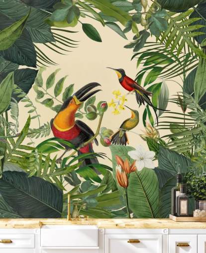 vihreä ja beige viidakon taustakuvamaalaus nimeltä Toucans in the Jungle, kirjoittanut Andrea Haase vihreä ja beige viidakon taustakuvamaalaus nimeltä Toucans in the Jungle, kirjoittanut Andrea Haase