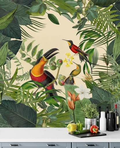 grön och beige djungel tapetväggmålning som heter Toucans in the Jungle av Andrea Haase grön och beige djungel tapetväggmålning som heter Toucans in the Jungle av Andrea Haase