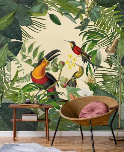 groene en beige behangmuurschildering met de naam Toucans in the Jungle van Andrea Haase