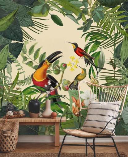 grøn og beige jungle tapet vægmaleri kaldet Toucans in the Jungle af Andrea Haase