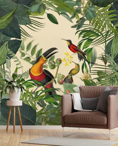 carta da parati murale verde e beige chiamata Toucans in the Jungle di Andrea Haase
