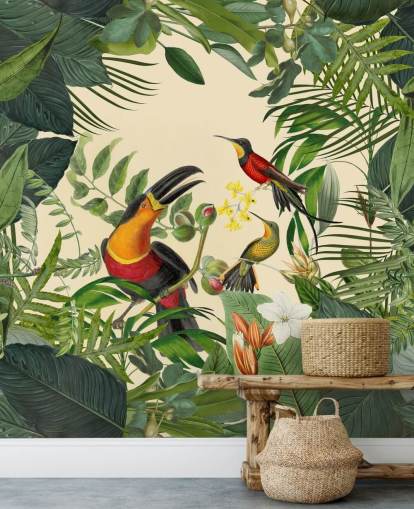 grønn og beige jungel tapetveggmaleri kalt Toucans in the Jungle av Andrea Haase grønn og beige jungel tapetveggmaleri kalt Toucans in the Jungle av Andrea Haase